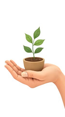 3D illustration of a hand holding a small potted plant, symbolizing growth, care, and sustainability, isolated on transparent background
