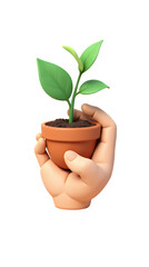 3D illustration of a hand holding a small potted plant, symbolizing growth, care, and sustainability, isolated on transparent background