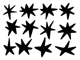 Whimsical Hand Drawn Funky Star. A collection of 12 whimsical hand drawn funky star shapes with playful and irregular styles, perfect for modern, trendy, and creative designs.
