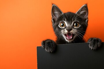 Isolated baby cat on a solid dress code bright orange background. Studio background pet. Animal ready for brand. Ð¡ute cat snowshoe hold in front paws a template - large dark black drive sign.