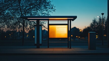 An illuminated bus stop shelter stands in an urban environment