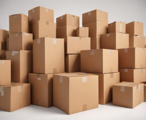 Fototapeta premium Multiple brown cardboard boxes, various sizes, white backdrop , material, transport, recycling