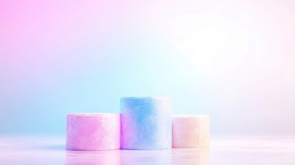 Pastel Cylinders Display Minimalist Style High-resolution Soft Lighting Central Composition Textured Surfaces Product Presentation Gradient Background Soft Dreamy Tones Ideal for Branding Mockups