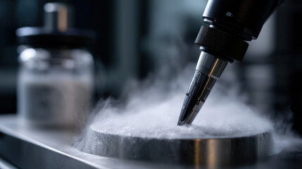 A close-up view of a cryogenic chamber with a metallic nozzle releasing fog, highlighting a laboratory setting with a glass jar in the background