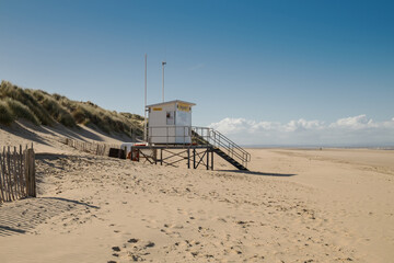 Lifeguard station on the huge sandy beach at Formby, Merseyside, England,UK