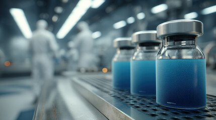 Laboratory scene featuring glass vials with blue liquid on a metallic surface, blurred figures in white suits working in the background, conveying a sterile and scientific atmosphere