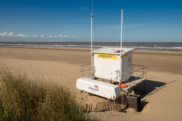 Lifeguard station on the huge sandy beach at Formby, Merseyside, England,UK