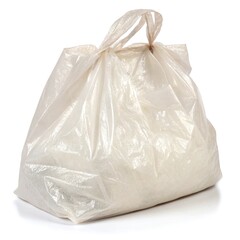 Obraz premium A transparent plastic bag filled with white content, isolated on a white background.