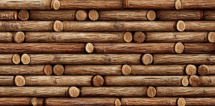 The background texture of a natural wood log cabin wall is seamlessly presented in a rustic old grunge style, with brown redwood timber logs forming a tileable repeat surface pattern, as a