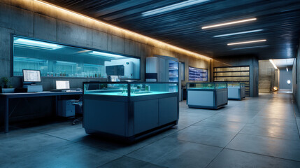 A modern laboratory with high-tech equipment, illuminated by blue lights, showcasing glass display cases and workstations in a sleek, industrial space