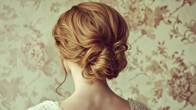 Elegant updo hairstyle against a vintage floral wallpaper background.