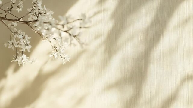A branch with small leaves and buds extends from the right side of the image against a smooth beige background, creating a minimal and natural composition.