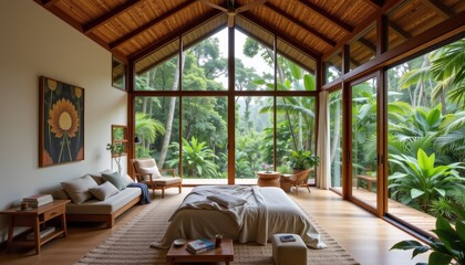 Fototapeta premium Minimalist eco lodge interior with bamboo furniture organic bedding and large windows opening to a dense tropical forest