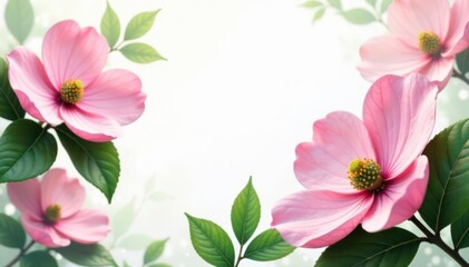Stunning pink dogwood flowers, lush green leaves, pristine white backdrop , pretty, nature, floral