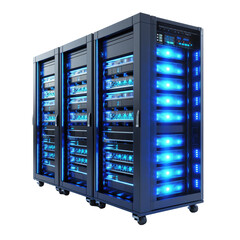 Data Center Server Rack with Blue  Lighting on Transparent Background