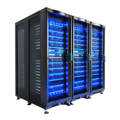 Data Center Server Rack with Blue  Lighting on Transparent Background