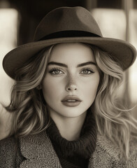 Beautiful young woman in a retro-style outfit, wearing a tweed hat and coat. A classic vintage look that evokes nostalgia, timeless fashion, and an elegant sense of style.