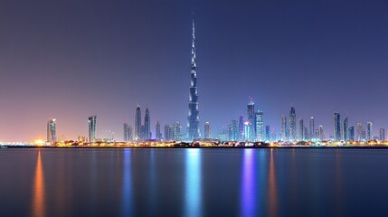 Naklejka premium Illuminated cityscape reflecting in still water during nighttime conditions