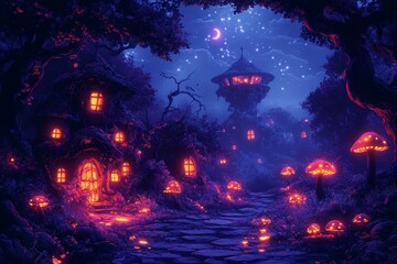 Obraz premium Enchanting night forest village, glowing houses, fantasy setting, magical background, fairytale illustration