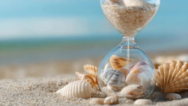 Hourglass on sand with shells and a blurred ocean backdrop depicting concept of passing of time and vacation.