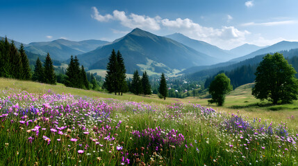 Obraz premium Bunte Blumenwiese mit weitem Blick auf Alpenlandschaft im Sommer 
