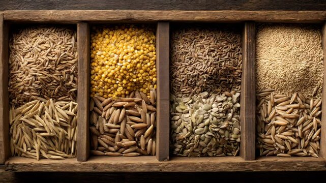 Assorted grains and seeds in a rustic wooden box with separate compartments, overhead shot, natural light, detailed texture and variety