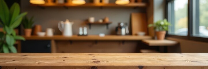 Clean wooden tabletop, bokeh cafe backdrop Ideal for showcasing products , simple, promotion