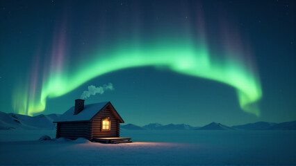 Isolated Cabin Under Pulsating Arctic Aurora