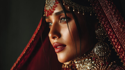 A high-quality image featuring bridal closeup with detailed lehenga and jewelry, ideal for creative, commercial, or editorial purposes.