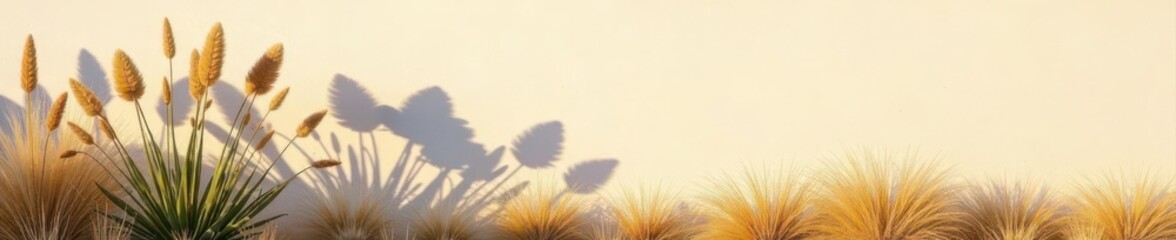 Sunlit pampas grass & reeds cast shadows on a wall Parisian chic neutral tones , parisian, stylish