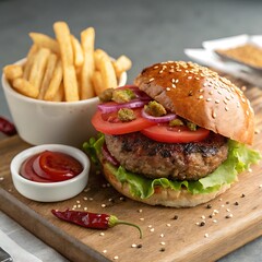 Gourmet Beef Burger with French Fries and Dipping Sauce