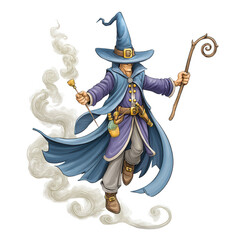 Obraz premium A whical wizard casts a spell with his wand, creating smoke and mystery.