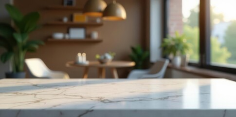 Blank marble tabletop, soft focus interior scene , mockup, office