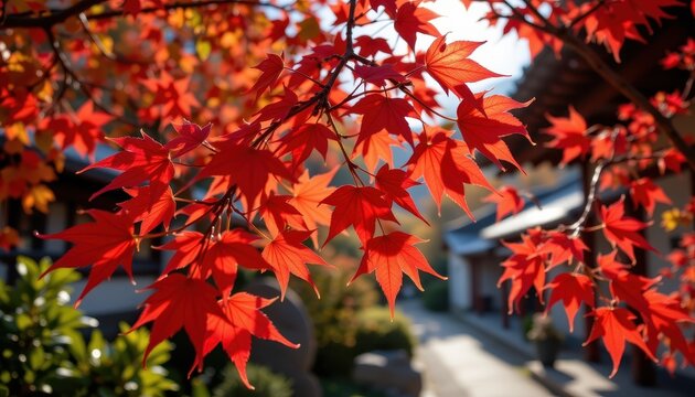 Closeup of brilliant crimson momiji leaves highlighted by soft autumn sunlight in a traditional village setting