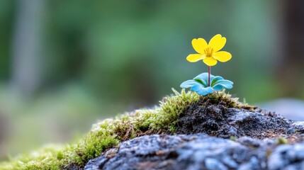 Single vibrant yellow flower atop mossy rock