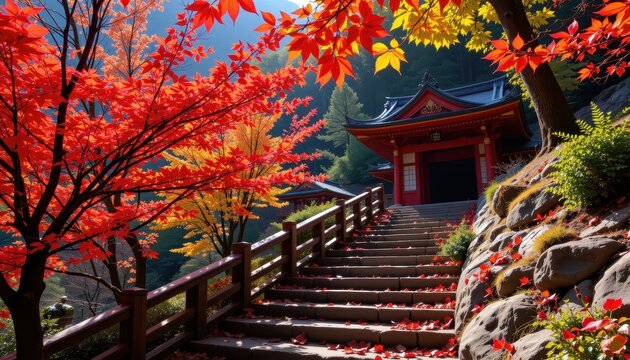 Brilliant fall foliage scene with fiery momiji leaves cascading over an ancient stone stairway leading to a hidden shrine