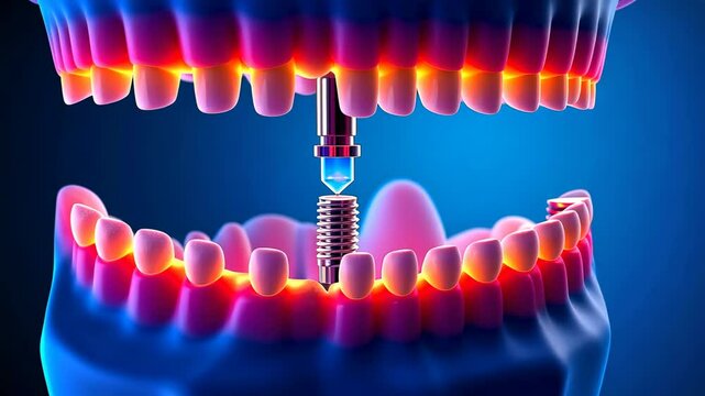 Implantation, Dental surgery, Tooth replacement. Oral health. Maxillae integrate with titanium implant. Restoration stability increases lifespan longevity. Jawbone density supports molar