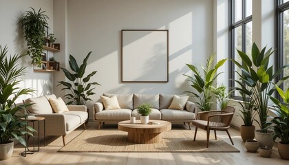 Fototapeta premium Modern Living Room Interior Design with Beige Sofa Plants and Wooden Coffee Table