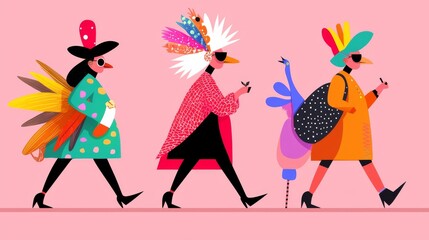 Three Fashionably Dressed Women with Vibrant Accessories Walking Against a Pink Background