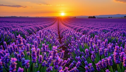 Naklejka premium Endless lavender fields under a golden sunset sky with rows of purple blossoms stretching into the distance