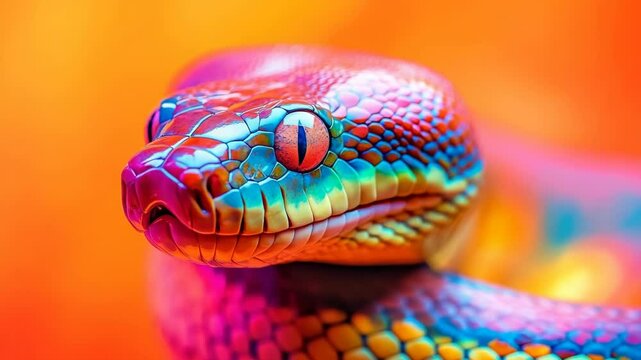 Close up of colorful snake head with vibrant scales and orange eye, artistic rendering against blurred background.