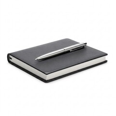 A black notebook with a pen, isolated on a white background.
