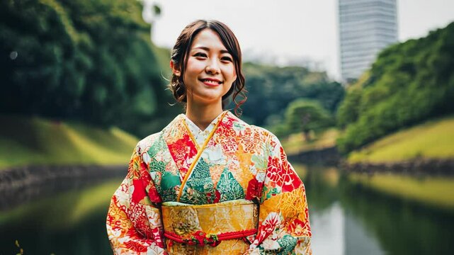 Young woman in a colorful kimono stands peacefully near a river in a park.