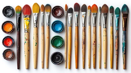 Naklejka premium Arrangement of brushes with paint pots