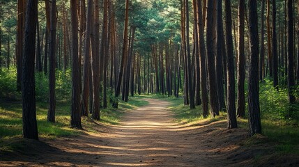 Obraz premium Serene summer path through lush green pine forest trees view park calm dark woods woods trail light