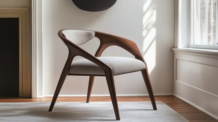 Wooden modern design chair with upholstery in interior setting