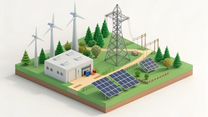 Isometric 3D illustration of a green energy facility featuring solar panels, wind turbines, a utility building, power grid, and forest landscape.