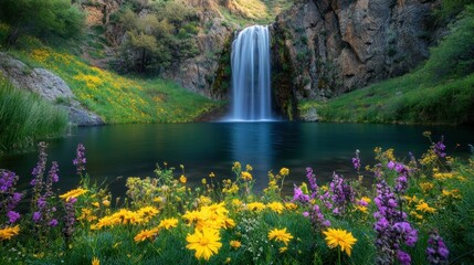 A beautiful waterfall cascades into a calm lake surrounded by flowers