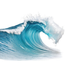 A vibrant blue ocean wave crashes beautifully isolated against white backdrop.