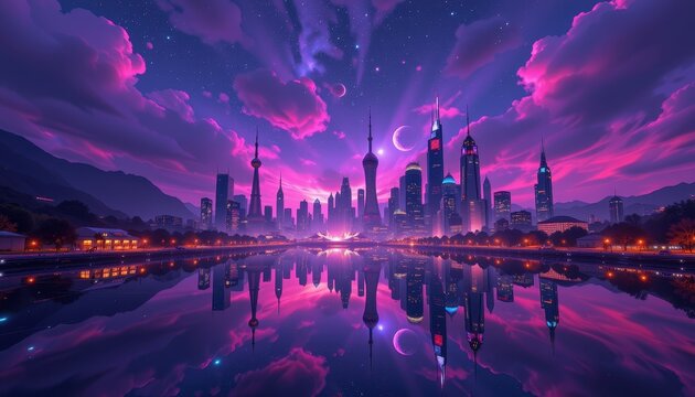 Futuristic city reflected in purple cosmic sky dramatic landscape with glowing reflections celestial themed fantasy environment
